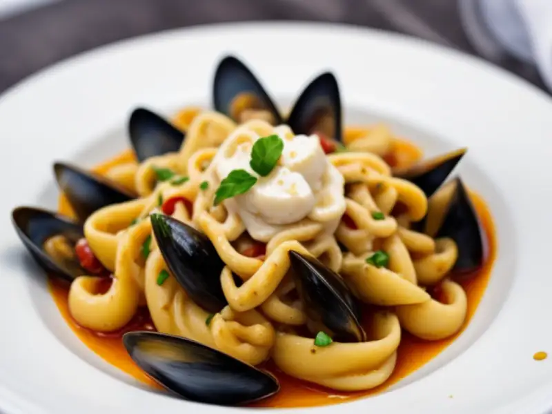 Nudeln mit Muscheln, Kirschtomaten und gefülltem Tintenfisch